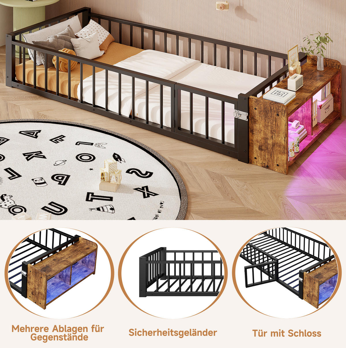 KINDERBETT 90/200 cm aus Metall mit Schutzgeländer und LED-Beleuchtung - Schwarz, Holzwerkstoff (90/200cm) - Flora Grace