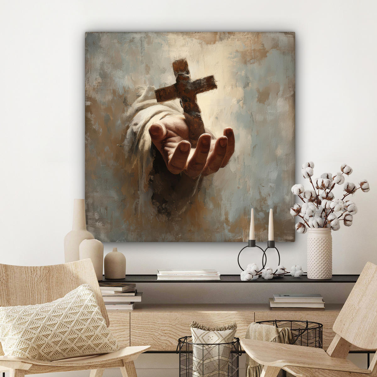 LEINWANDBILD Abstrakt - Kreuz - Hand - Christentum Deko Groß 90x90 cm - Hellbraun, Textil (90/90cm) - MuchoWow
