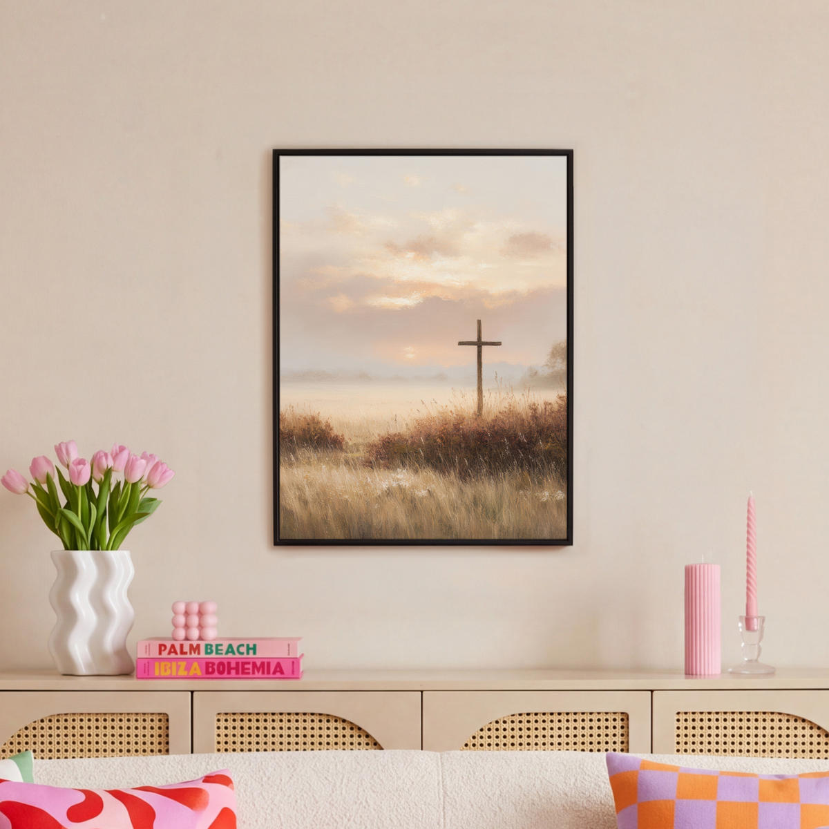 LEINWAND Bilder mit Rahmen - Gras - Morgennebel - Kreuz - Christentum - 60x80 - Beige, Textil (60/80cm) - MuchoWow