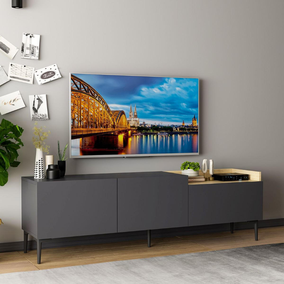 TV-MÖBEL 3 Türen anthrazitgrau L160 cm - Mia - Anthrazit, Holzwerkstoff (37/48/160cm) - Calicosy
