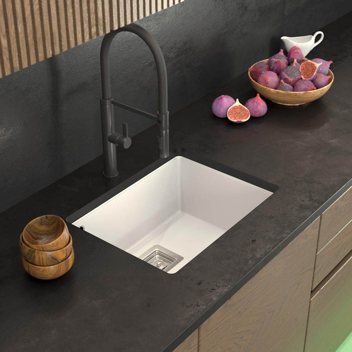 SPÜLBECKEN Napo Weiß 3-tlg. 550/420 mm Unterbau Granit inklusive Armatur Gold und Siphon - Weiß, Stein (55/42/20cm) - Granitan