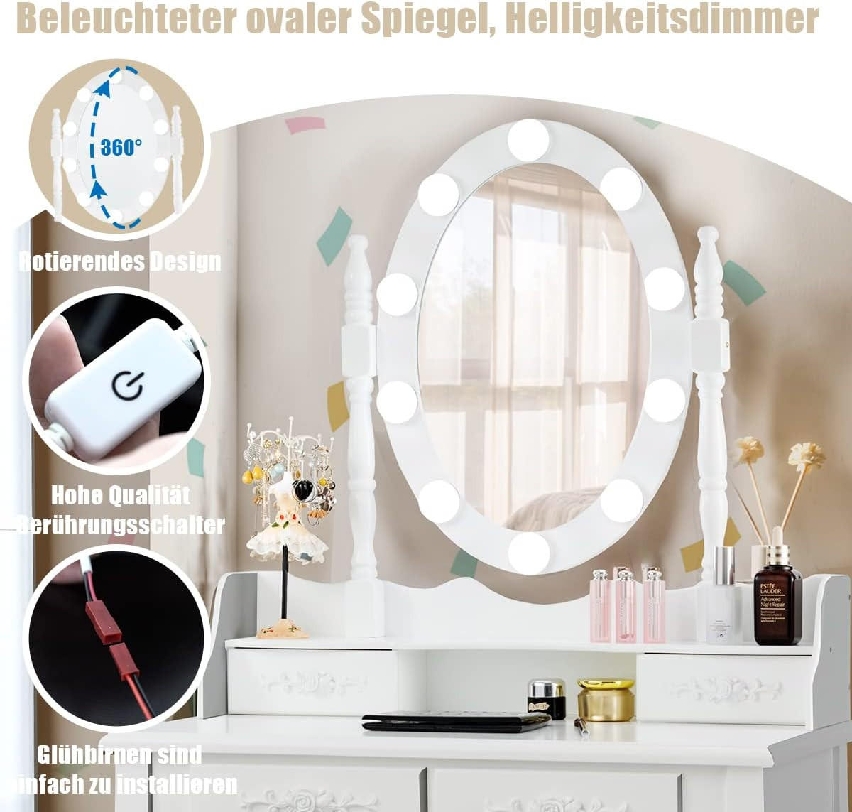 SCHMINKTISCH set mit 10 LED-Leuchten Weiß - Weiß, Holz (75/145/40cm) - COSTWAY
