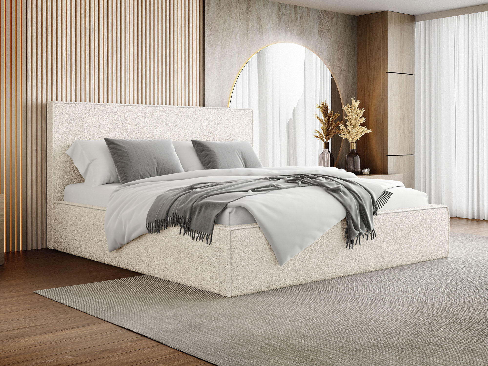 POLSTERBETT Terra Slim mit Bettkasten, Creme Boucle 120x200 cm - Birkefarben/Schwarz, Holz/Holzwerkstoff (120/200cm) - WFL GROUP
