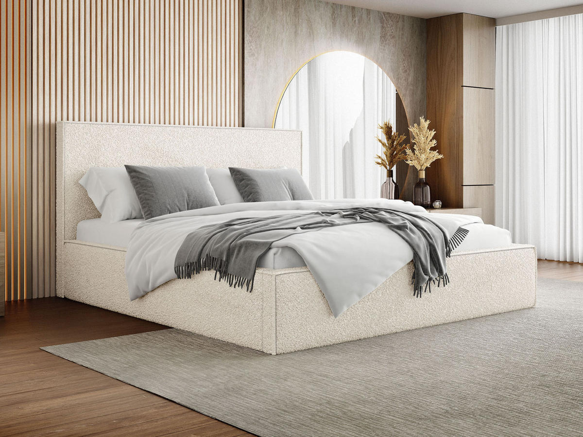 POLSTERBETT Terra Slim mit Bettkasten, Creme Boucle 160x200 cm - Birkefarben/Schwarz, Holz/Holzwerkstoff (160/200cm) - WFL GROUP