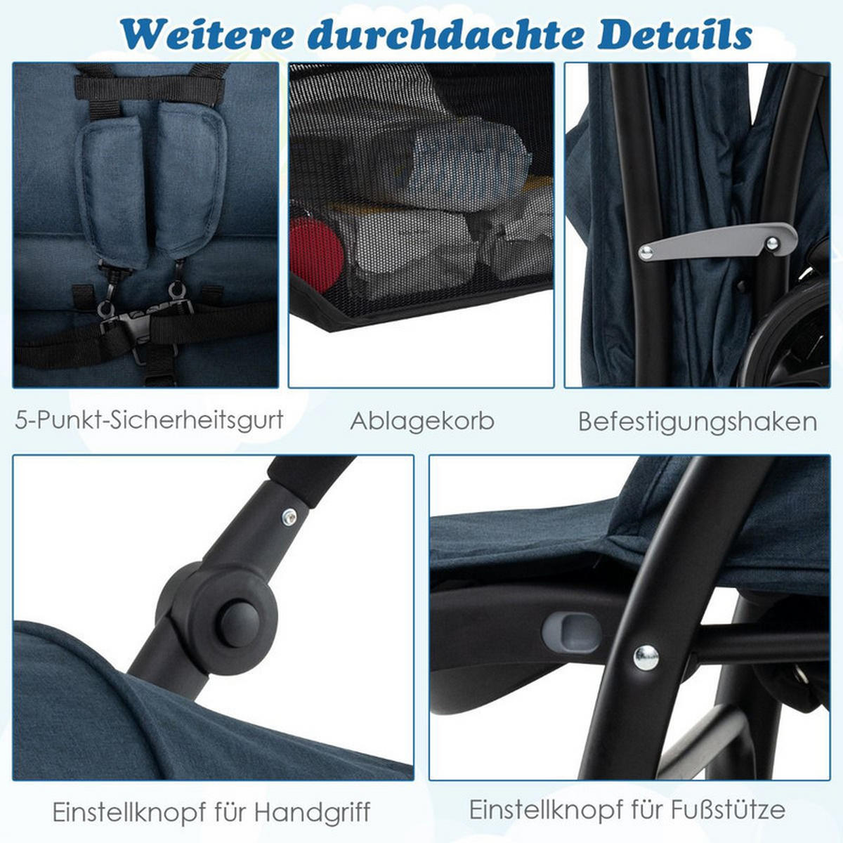 GESCHWISTERWAGEN klappbar blau - Blau, Metall (57/123/95cm) - COSTWAY