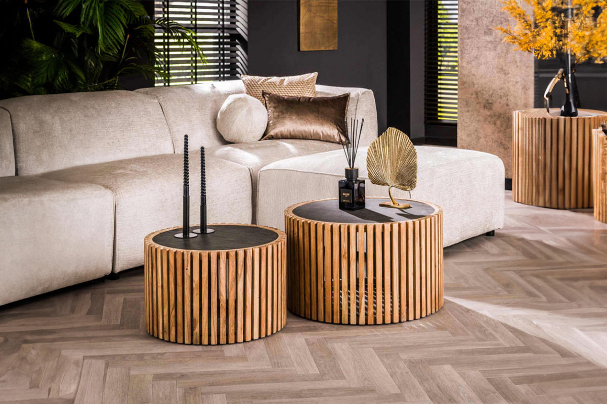 COUCHTISCH-SET PINE Schwarz Stein - Schwarz/Braun, Akazienholz/Stein (68/68/40cm) - KAWOLA