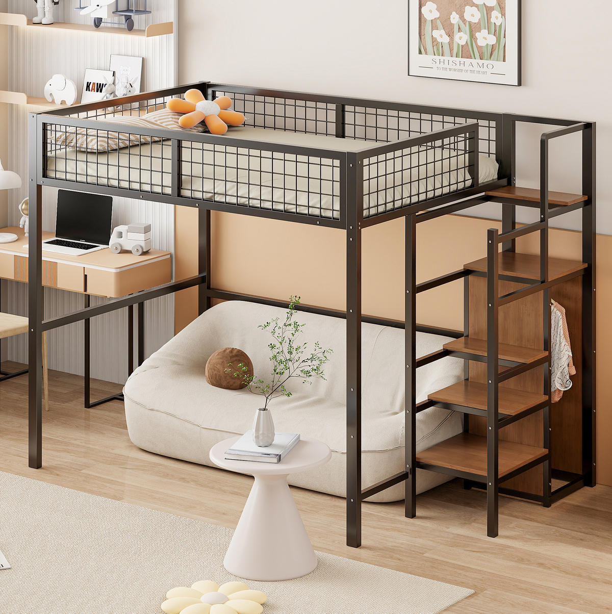 HOCHBETT 140/200 cm aus Metall mit Leiter, Kleiderschrank und Regal Schwarz - Schwarz, Metall (140/200cm) - Modenvie