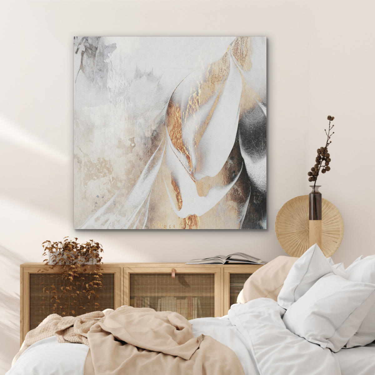 AKUSTIKPANEEL Luxus - Abstrakt - Gold - Weiß 90x90 cm - Goldfarben, Textil (90/0.9/90cm) - MuchoWow