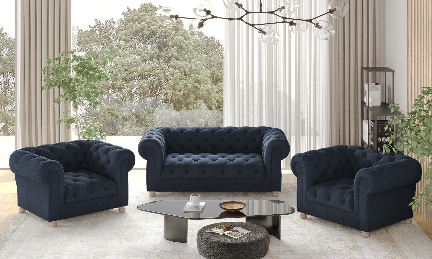 SITZGARNITUR CHESTERFIELD 2+1+1 Elegant Klassisch Schick Stoff Whisper Blau - Blau, Holz (152/77/90cm) - Kaiser Möbel
