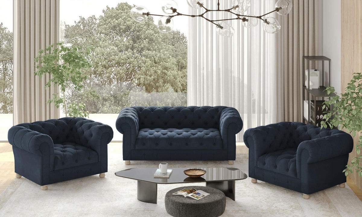 SITZGARNITUR CHESTERFIELD 2+1+1 Elegant Klassisch Schick Stoff Whisper Blau - Blau, Holz (152/77/90cm) - Kaiser Möbel