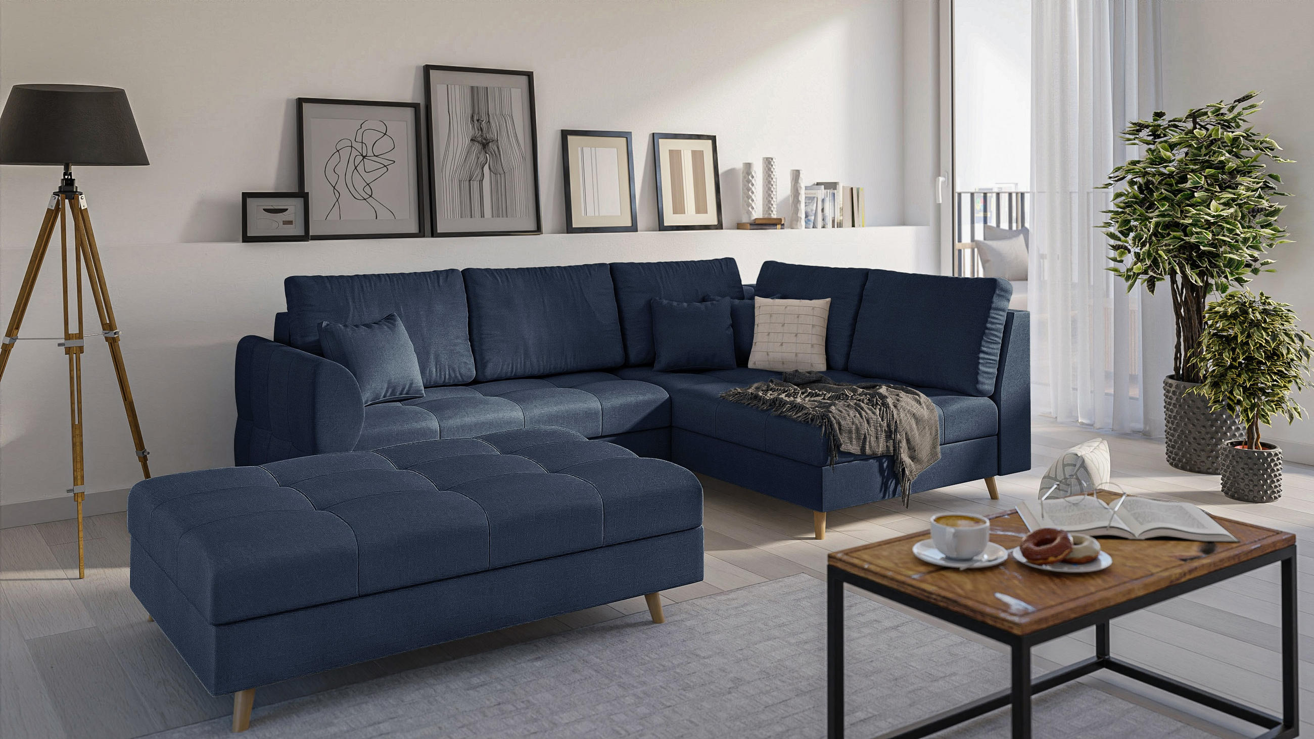 Thumbnail - S-Style Möbel Ecksofa, Dunkelblau, Textil, Echtholz,Buche, 5-Sitzer, Füllung: Silikon,Silikon,Komfortschaum, Eckteil, L-...