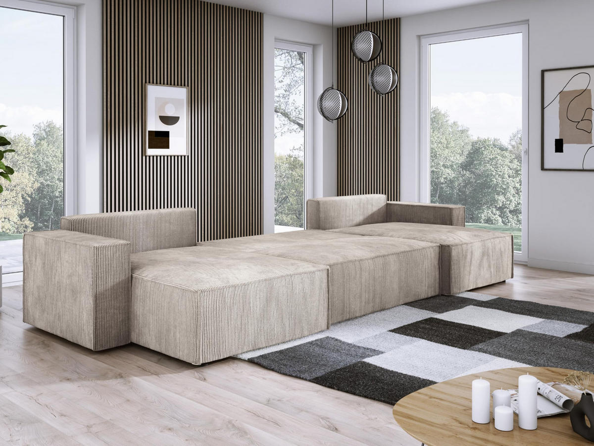 ECKSOFA Poso XXL U-förm, Schlaffunktion, weiche Kissen, Bettkasten, hochwertige Polsterung, lose Rückenkissen, freistehend, 377x143x83 cm Beige - Beige, Holz/Textil (377/83/143cm) - DomoHome
