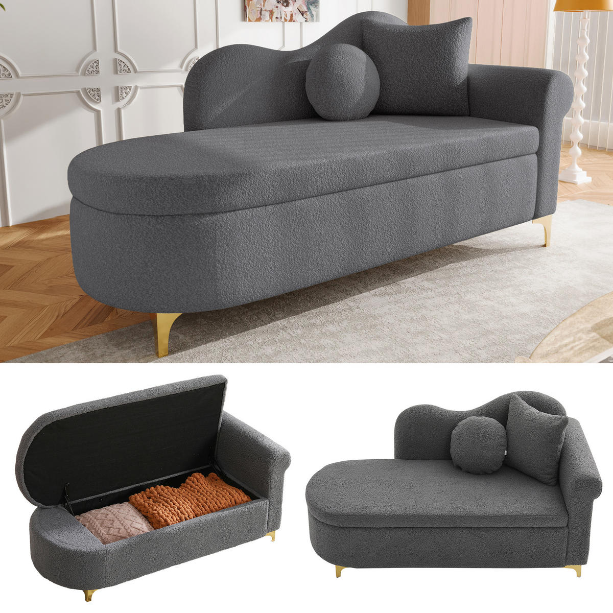 RÉCAMIERE Teddystoff Antikgrau mit Stauraum und mit Kissen - Grau, Holzwerkstoff/Textil (134/70/64cm) - WISHDOR