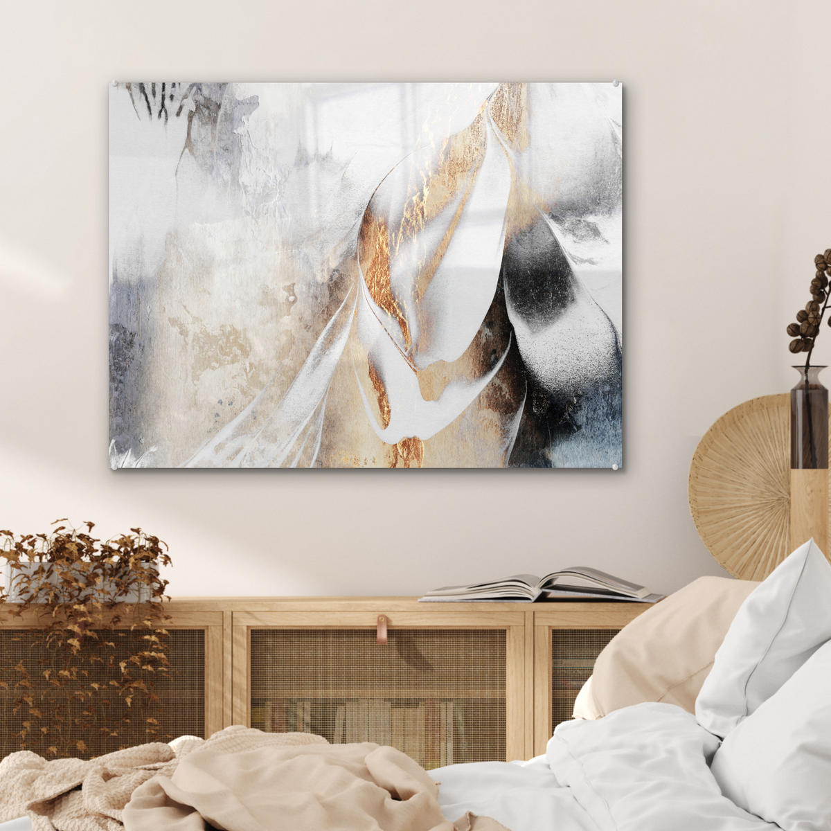OBRAZ NA AKRYLOVOM SKLE Luxusné - abstraktné - zlaté - biele 80x60 cm - zlatá, sklo (80/60cm) - MuchoWow