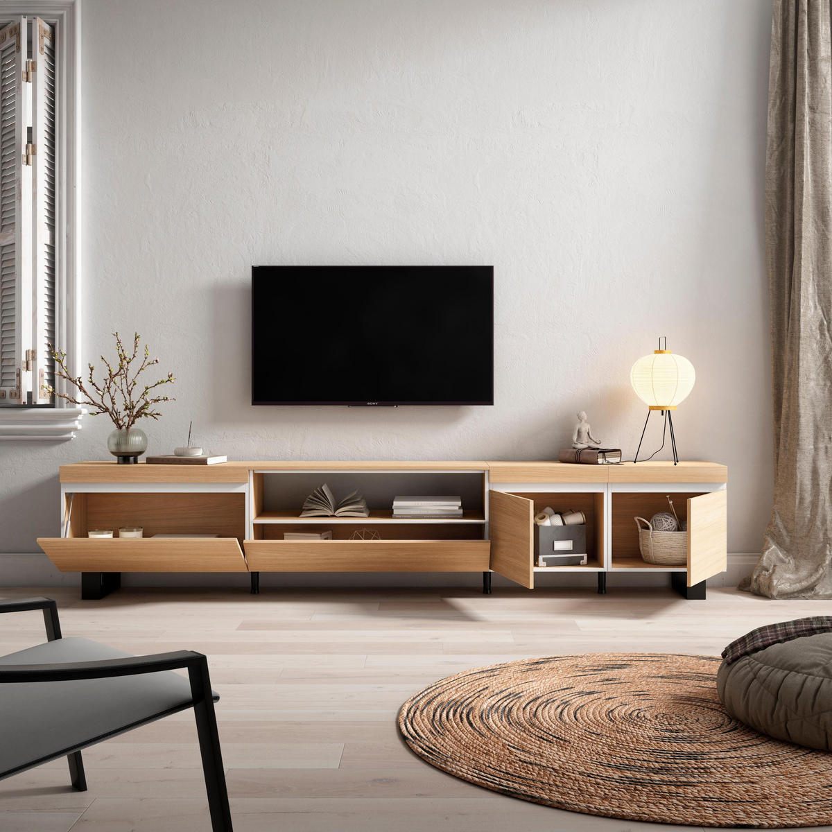 TV-SCHRANK, Lowboard, 288/35/57cm, eiche soft und weiß - Eichefarben, Holzwerkstoff (288/57/35cm) - Skraut Home