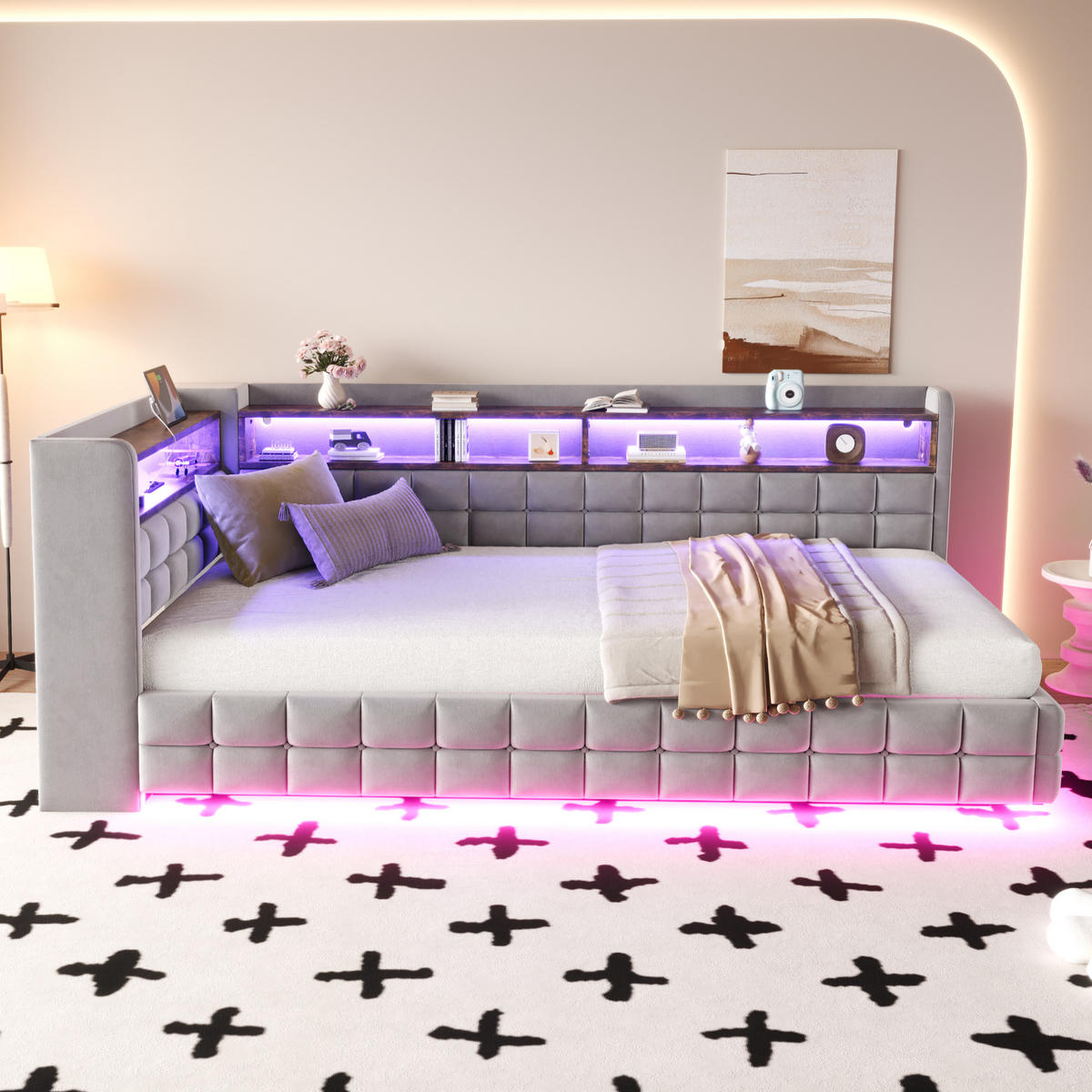 POLSTERBETT 90/200 cm Hellgrau aus Velours mit Stauraum mit LED-Beleuchtung - Hellgrau, Textil (90/200cm) - OKWISH