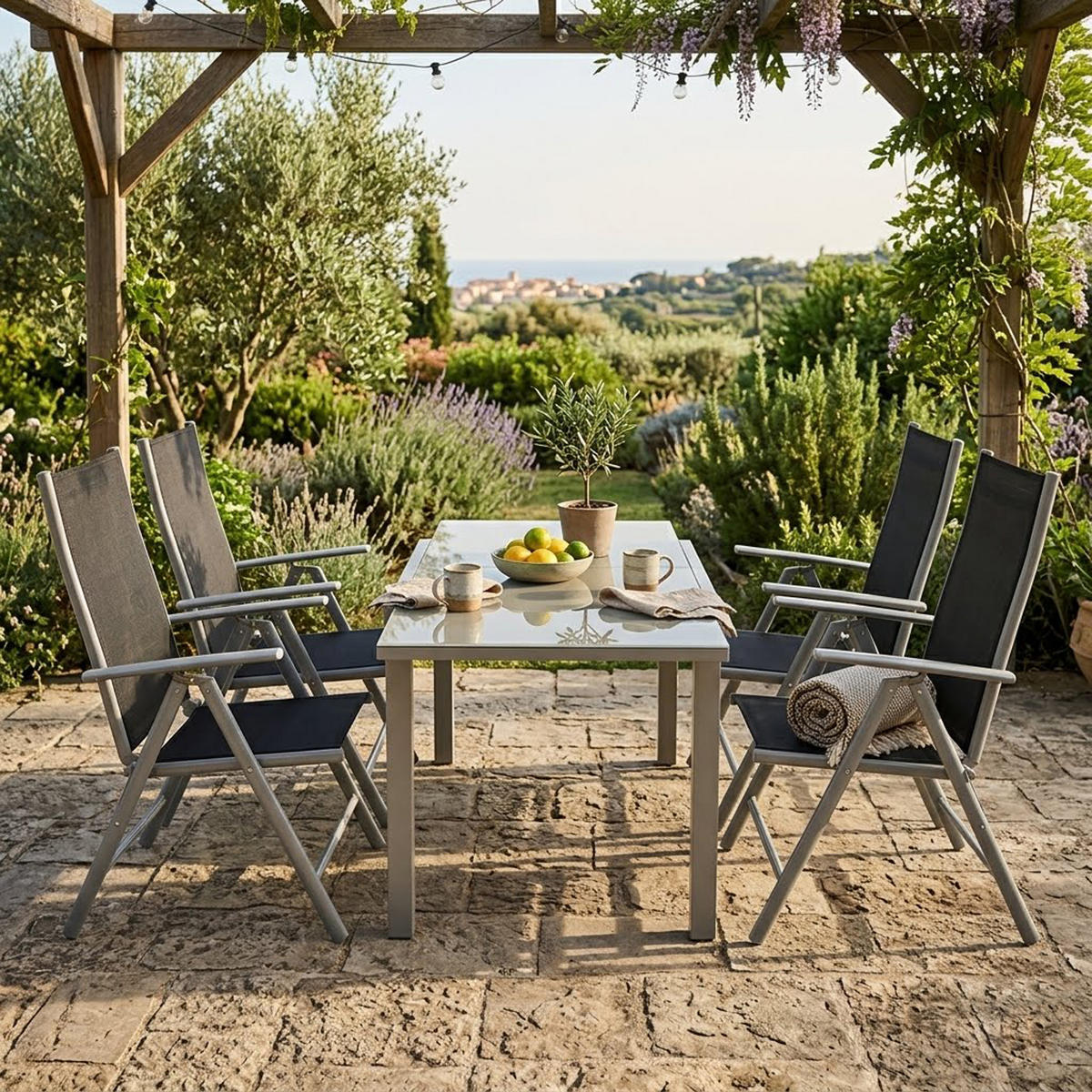 GARTEN-GARNITUR Ashford - 5-teilige Garten-Essgruppe (4x Klappsessel mit Aluminiumgestell grau, Bespannung Textilene schwarz - Schwarz, Metall - TPFGarden