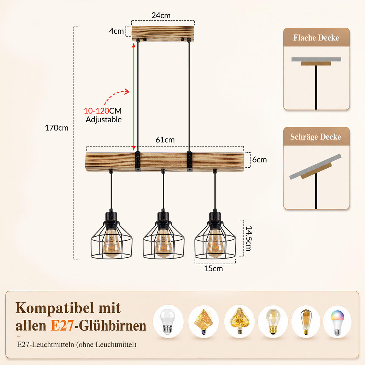 PENDELLEUCHTE Fentris 61/15/170 cm - Schwarz/Braun, Holz/Metall (61/15/170cm) - ZMH