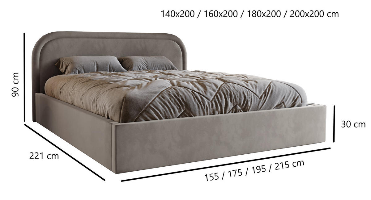 POLSTERBETT 180x200 Dune mit Bettkasten, runde Kopfteil, Samt, Latte - Cappuccino, Holz/Textil (180/200cm) - Emporius