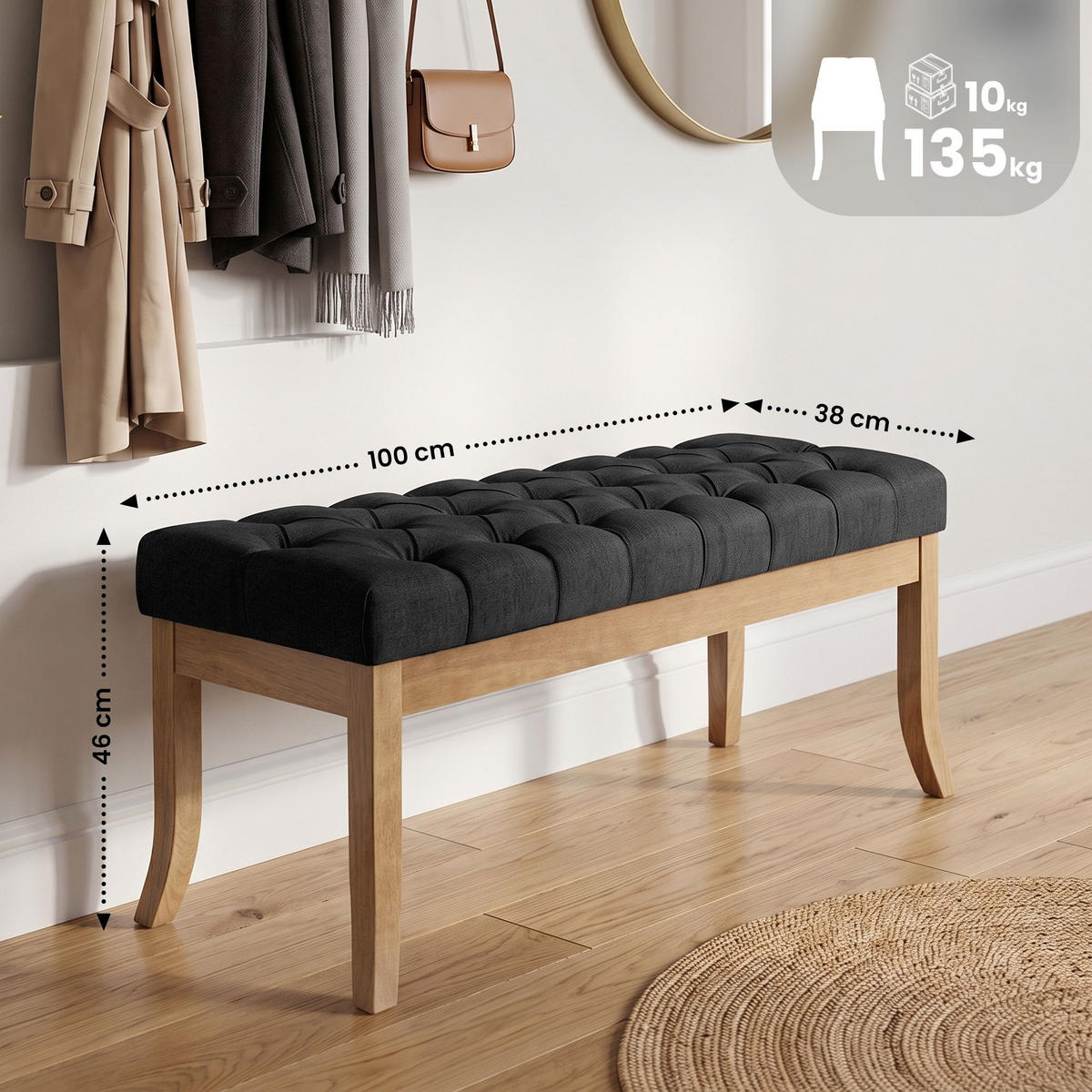SITZBANK 100/38 cm Stoff Dunkelgrau - Dunkelgrau/Naturfarben, Holz/Textil (100/46/38cm) - CLP