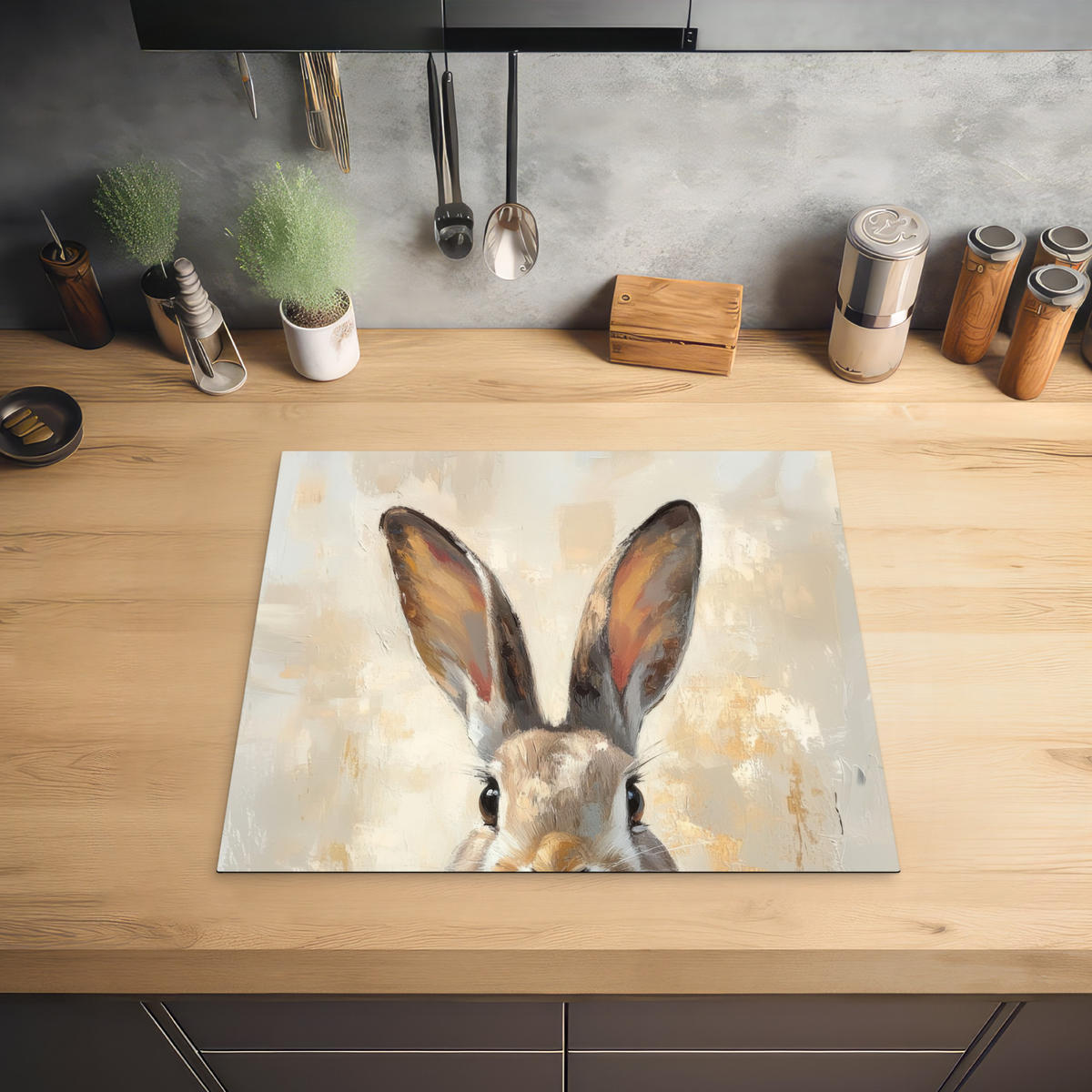 HERDABDECKPLATTE Hase - Ohren - Braun Herdabdeckung Induktionsfeld 60x52 cm - Beige, Kunststoff (60/52/0.2cm) - MuchoWow