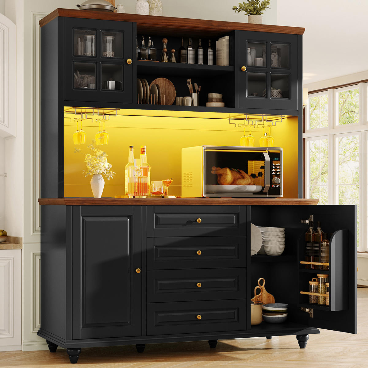 BUFFET DE-38489 140/40/179 cm mit Metall-Weinglashalter Schwarz - Schwarz, Holzwerkstoff (140/179.5/40cm) - ComfortXL