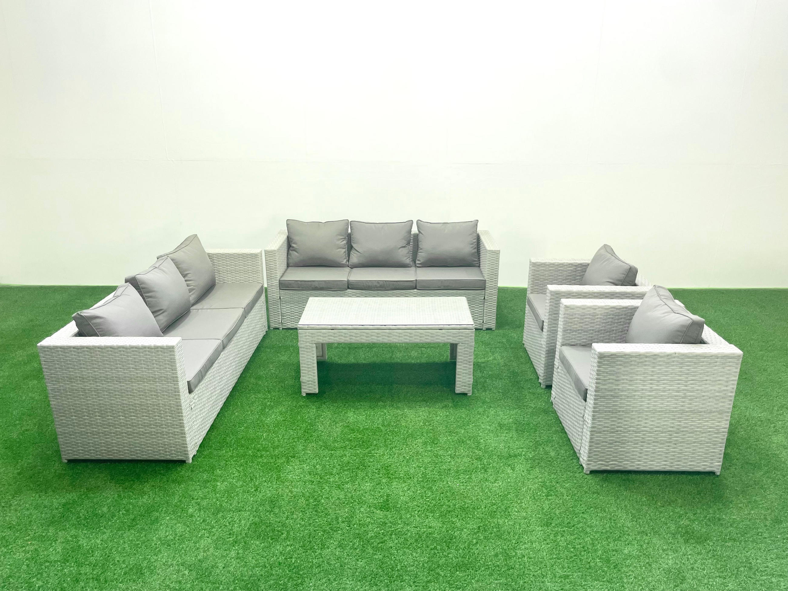 GARTENSOFA hohe Rückenlehne Polyrattan Hellgrau-Mix 8-Sitzer - Hellgrau/Grau, Glas/Kunststoff - Fimous
