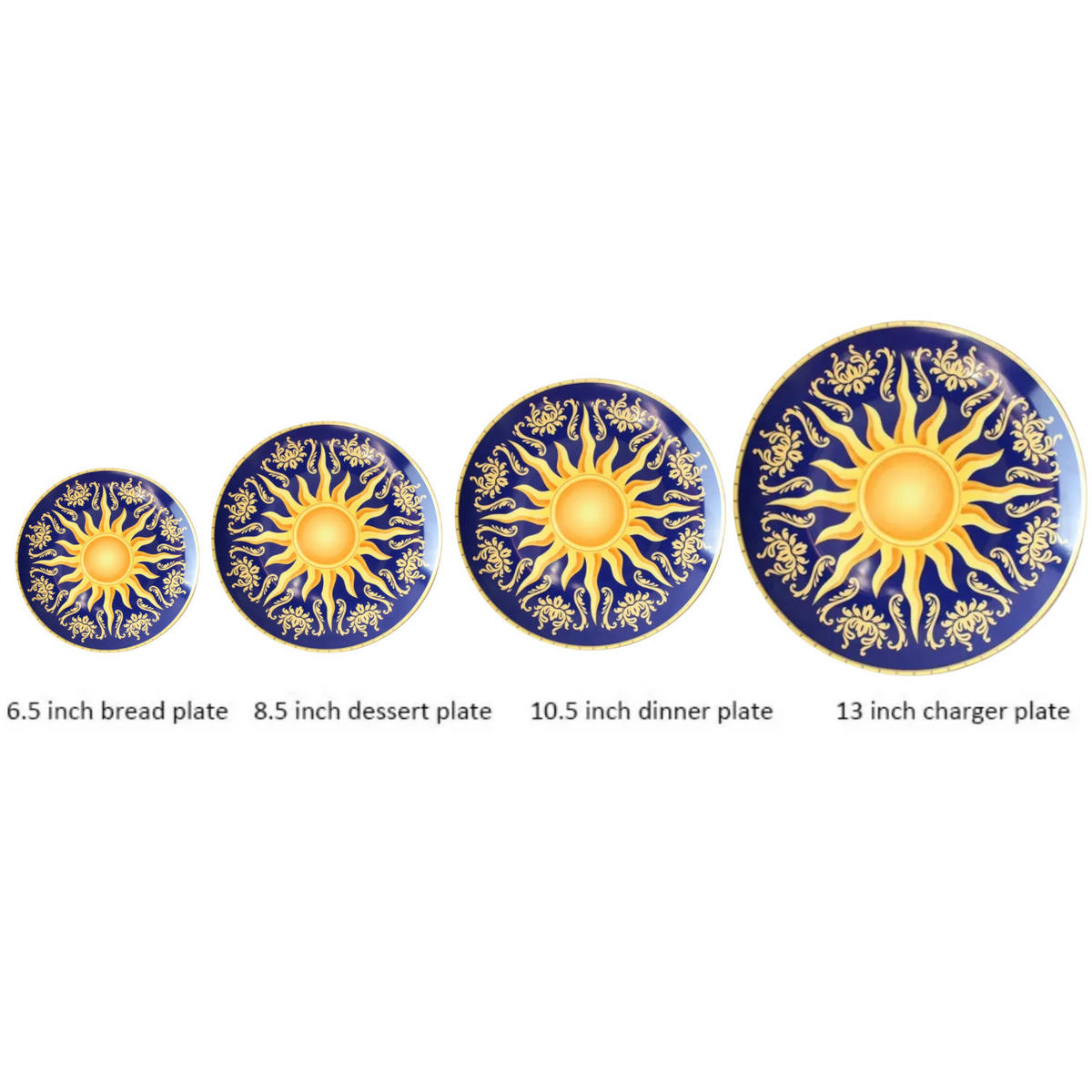 TELLERSET Royal Blue Sun Bone China Blau Gold 4tlg Ø30 Ø27 Ø20 Ø16 cm - Gelb/Goldfarben, Keramik (30/2/2cm) - Quality Elegance