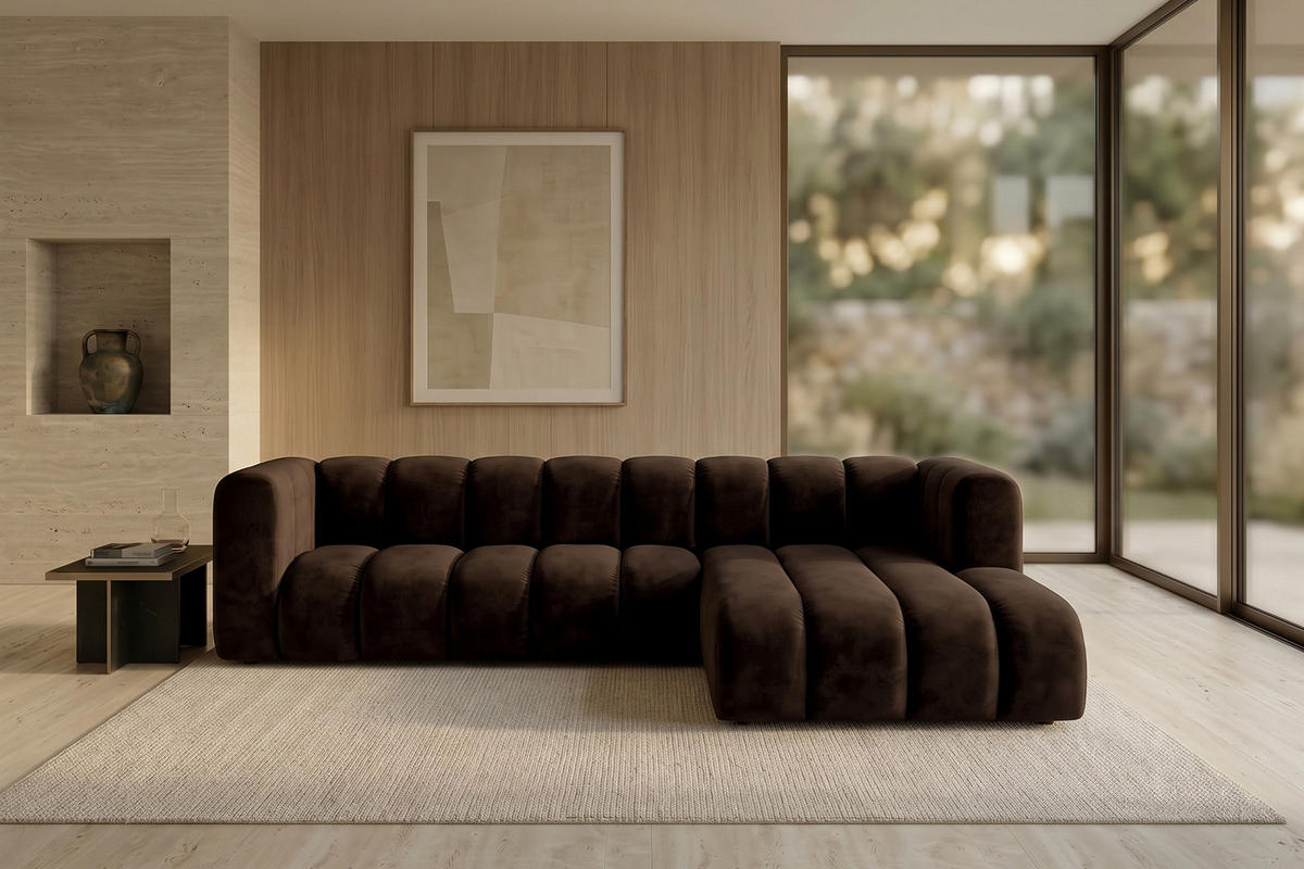 ECKSOFA Modulares In L-Form, Velvet-Stoff Riviera, Schokolade, Rechts, GRAND 287 cm - Braun, Holz (287/179cm) - Kaiser Möbel