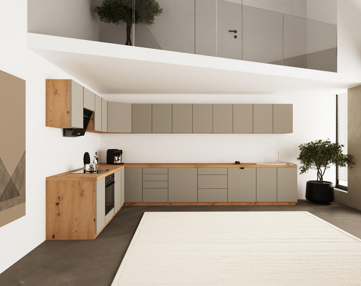 WINKELKÜCHE 380cm x 240cm- Langen KL22-M380 - in Beige/Matt - Beige, Holz (620/212/52cm)