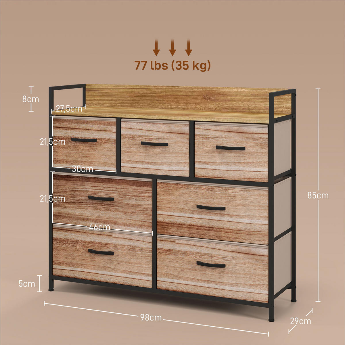 KOMMODE Schwarz 98/29/85 cm 7 Schubladen - Eichefarben, Textil (98/85/29cm) - PANGIVO