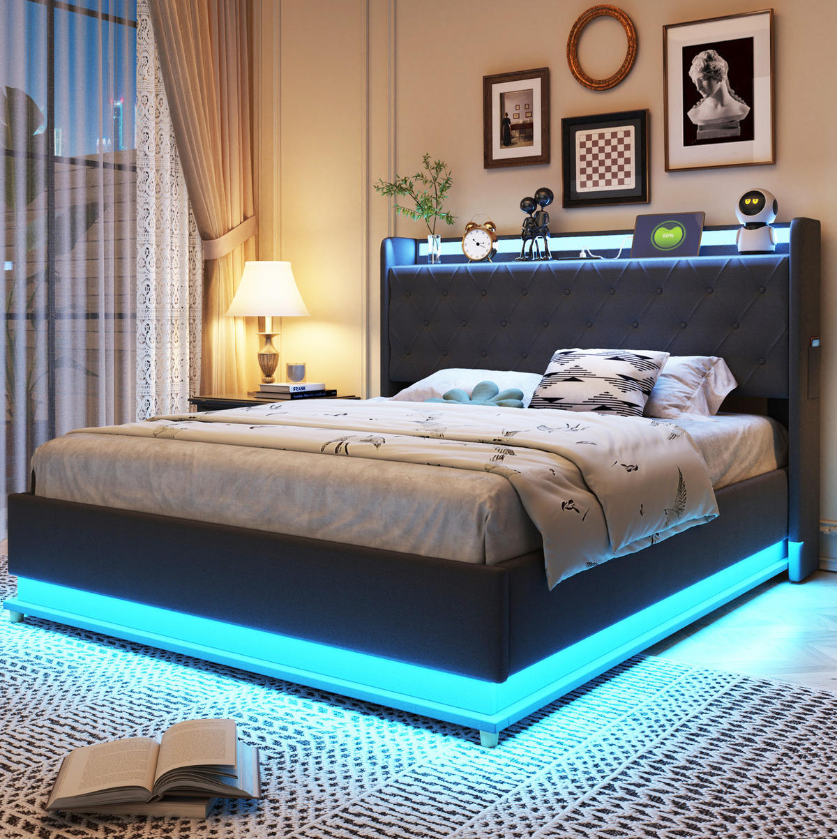 POLSTERBETT 140/200 cm Grau aus Stoff mit LED-Beleuchtung und Bettkasten - Grau, Textil (140/200cm) - OKMYHOME