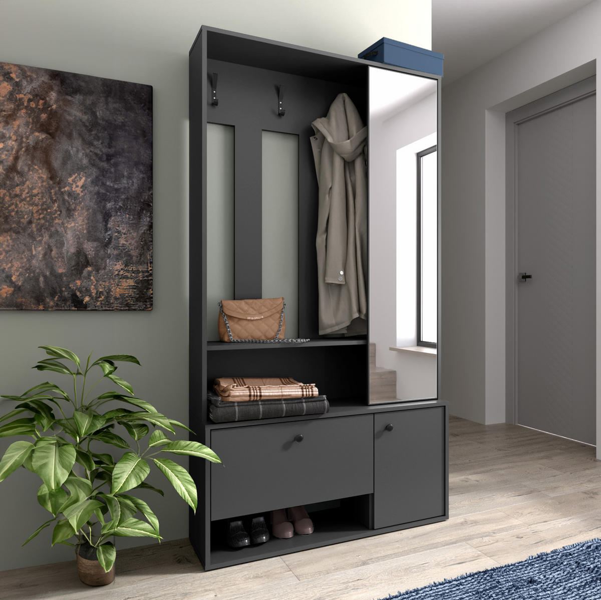 GARDEROBENSCHRANK Tokessa Graphit 100/191/33 cm - Modern mit Spiegel und Schuhschrank - Grau, Holzwerkstoff/Kunststoff (100/191/33cm) - AX Living