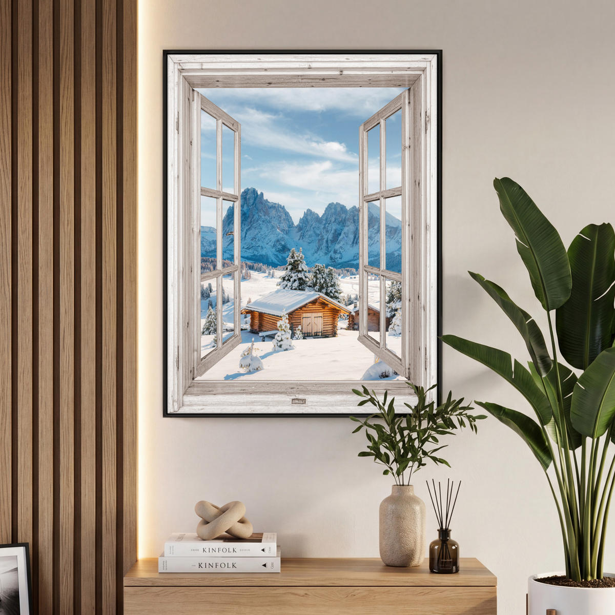 LEINWAND Bilder mit Rahmen - Winterlandschaft - Hütte - Berge - Ausblicke - Aussicht - Natur - 70x100 - Weiß Hochglanz, Textil (70/100cm) - MuchoWow
