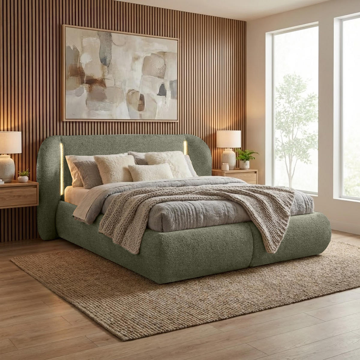 POLSTERBETT Corfu, LED-Beleuchtung, Bettkasten und Taschenfedernmatratze 26 cm, 180x200, Grün - Grün, Textil (180/200cm) - Beautysofa