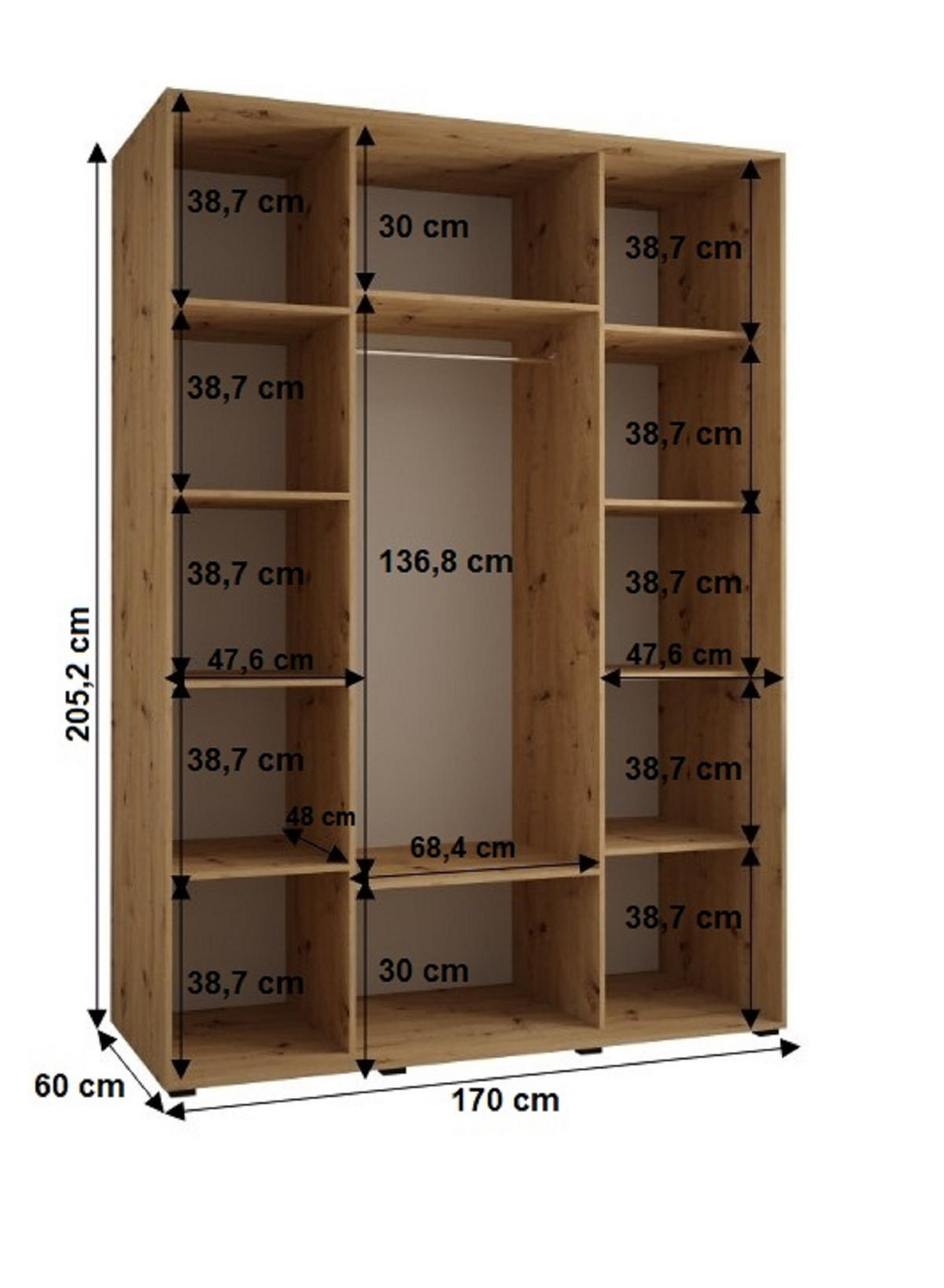 SCHWEBETÜRENSCHRANK 205,2/170/60 3-türig - Schwarz/Weiß, Holz/Metall (170/205.2/60cm) - Abiks Möbel
