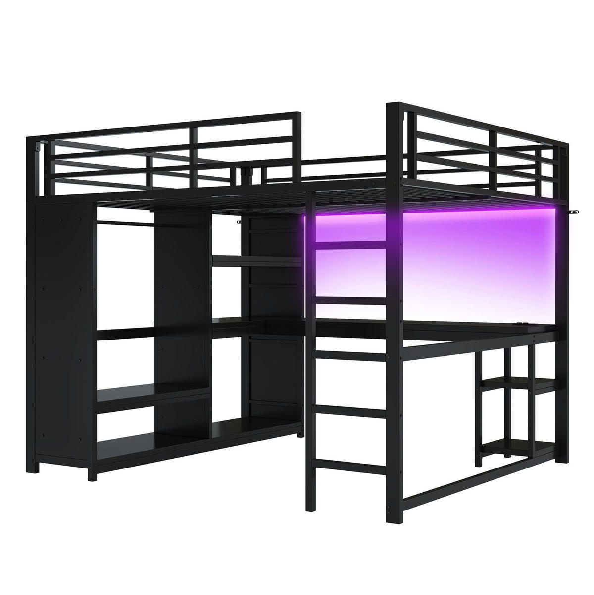 HOCHBETT aus Metall und MDF 160x200 cm Schwarz mit Schreibtisch, LED-Beleuchtung und offenem Kleiderschrank - Schwarz, Metall (160/200cm) - IVMEU