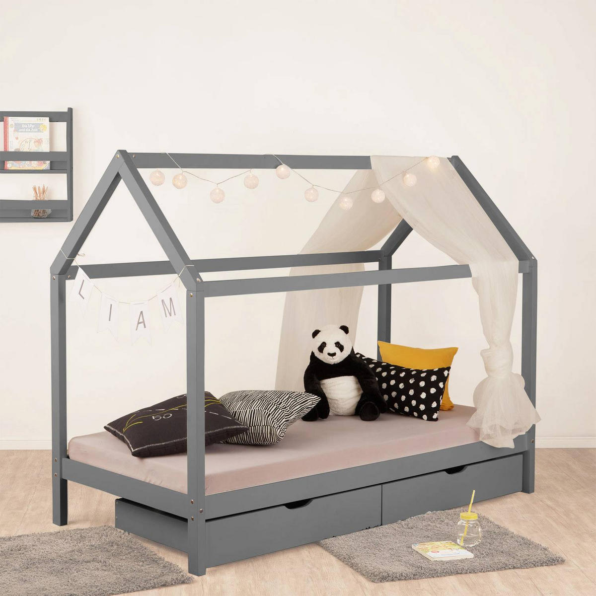 HAUSBETT mit Matratze mit Stauraum 90/200 cm Grau - Grau, Holz (206/160/98cm) - Homestyle4u