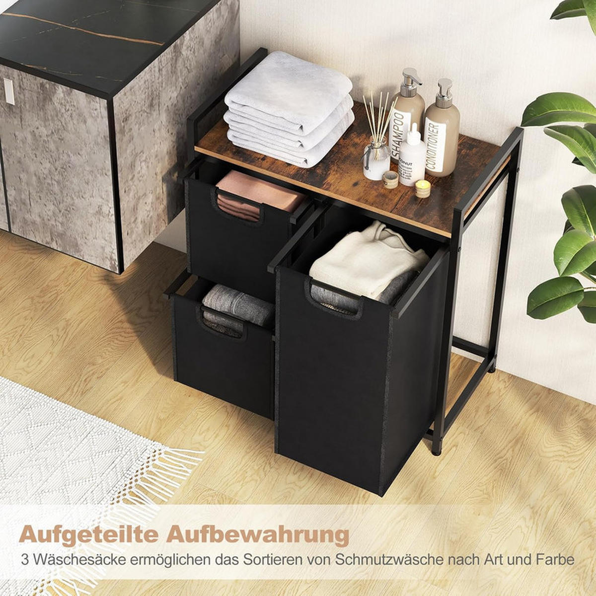 WÄSCHEKORB mit Ablage schwarz - Schwarz, Metall (65.5/72/33cm) - COSTWAY
