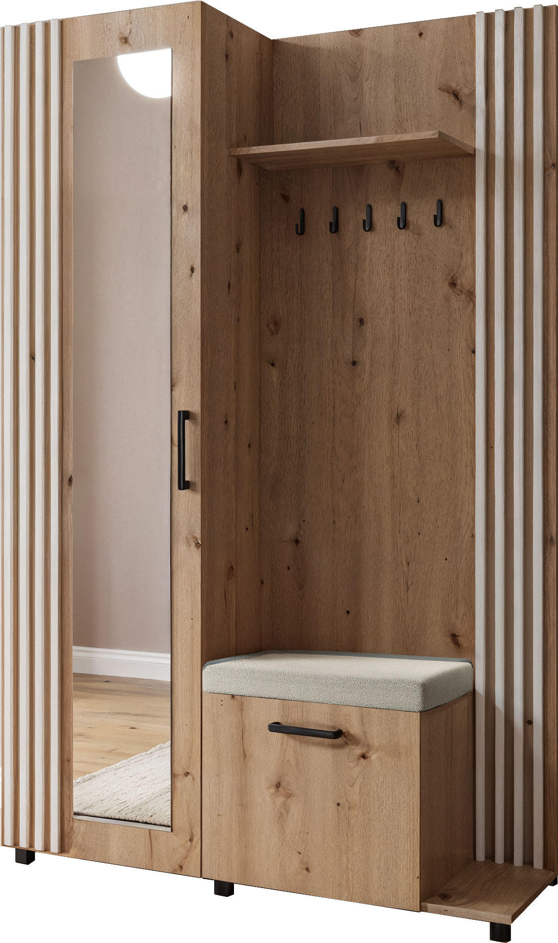 GARDEROBE Linaro mit Spiegel, Sitzbank in Lamellen-Optik 137/207/42 cm, Rechts - Schwarz/Braun, Holzwerkstoff (137/207/42cm) - WFL GROUP