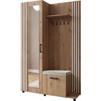 GARDEROBE Linaro mit Spiegel, Sitzbank in Lamellen-Optik 137/207/42 cm, Rechts - Schwarz/Braun, Holzwerkstoff (137/207/42cm) - WFL GROUP