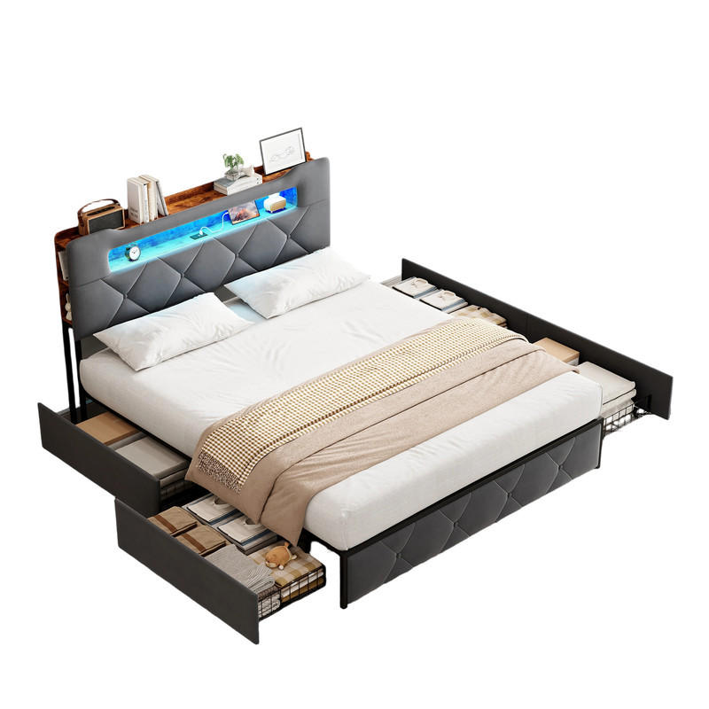 POLSTERBETT 140/200 cm grau mit Schubladen, LED und USB - Grau, Holz - SHOPENTRA