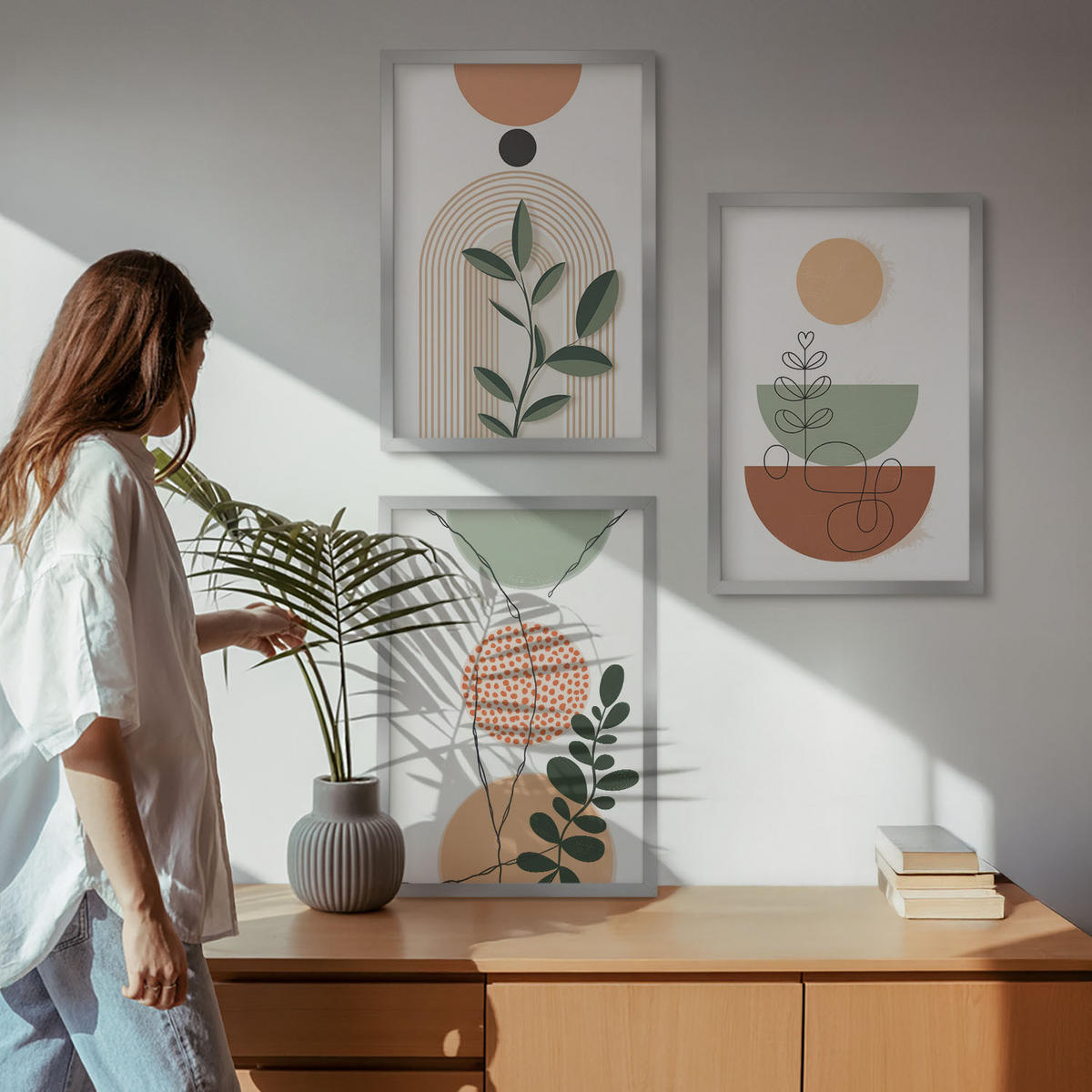 WANDBILDER 3er Set - 40x60 cm Silberner Rahmen - Abstrakte Pflanzenformen - Silberfarben, Kunststoff (40/60cm) - ArtPrintCave