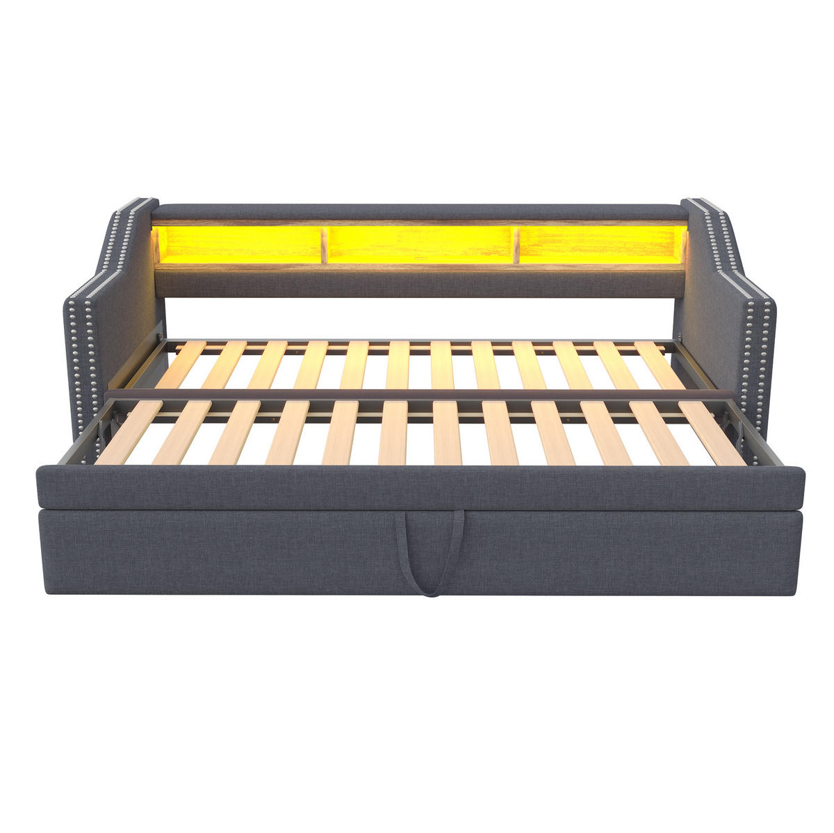 BETT 90/180/190 cm Dunkelgrau aus Leinenstoff mit Bett, LED und USB - Dunkelgrau, Textil (90/190cm) - OKMYHOME