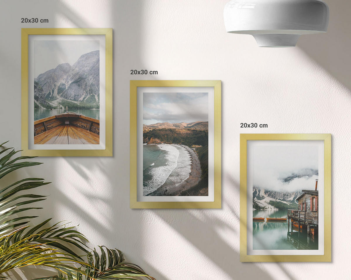 BILDER SET 3er Set - 20x30 cm Goldrahmen - Berge, See, Boot, Strand, Landschaft - Goldfarben, Kunststoff (20/30cm) - TULUP