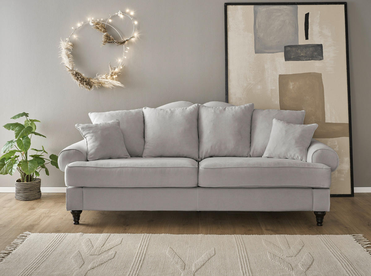 SOFA hellgrau Landhaus, Couch 3,5-Sitzer 230 cm - Hellgrau, Holz/Textil (230/95/100cm) - Furn.Design