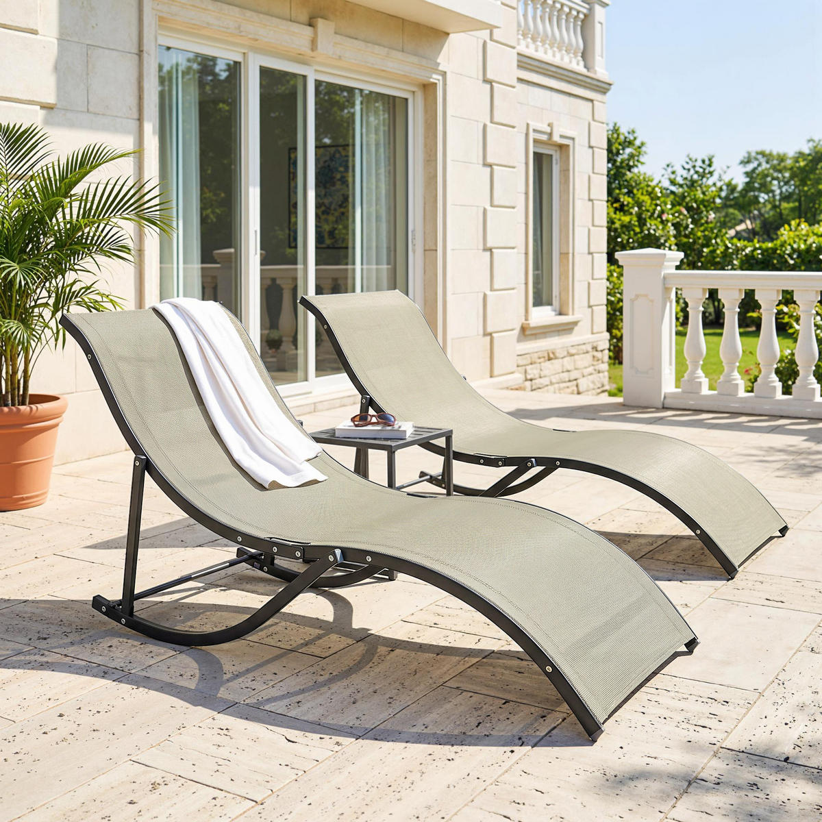 GARTENLIEGE Schwarzer Rahmen, khakifarbene Bespannung 2 Stück - Beige, Naturmaterialien (165/63/61cm) - GiPP