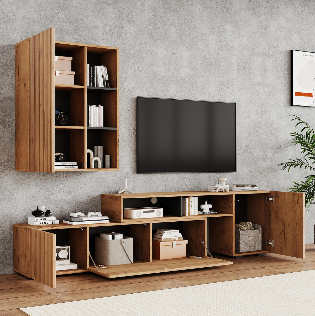 TV-WOHNWAND längenverstellbar 174-265 cm Holzfarbe/Schwarz 2-tlg. - Braun, Holzwerkstoff (35/122/173.5cm) - Beauniv