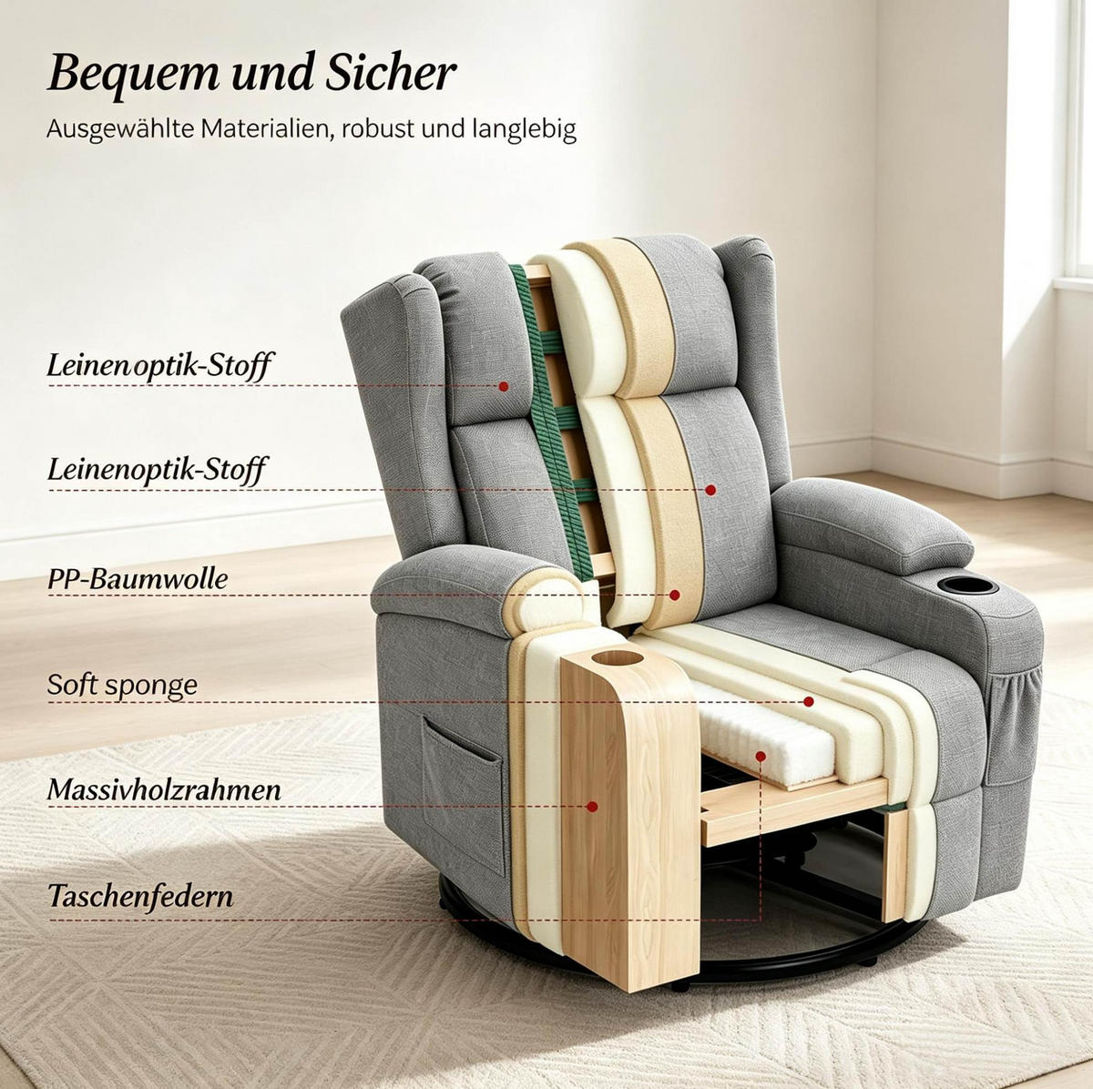 RELAXSESSEL in Grau 94,5x87x103,5 cm mit verstellbarer Rückenlehne, Fußstütze und 360°-Drehfunktion - Grau, Textil (87/103.5/94.5cm) - IVMEU