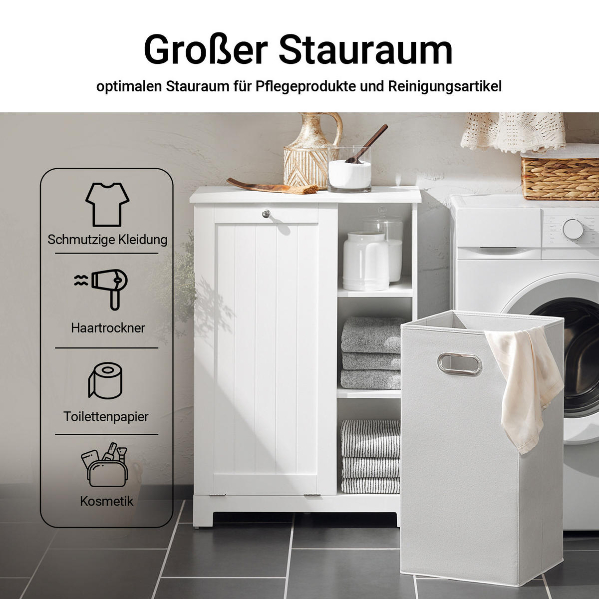 BADSCHRANK mit Wäschekorb, 60x86x37 cm, weiß, herausnehmbarer Korb, 3 offene Fächer, Bad & Waschküche - Weiß, Holzwerkstoff (60/86/37cm) - SoBuy